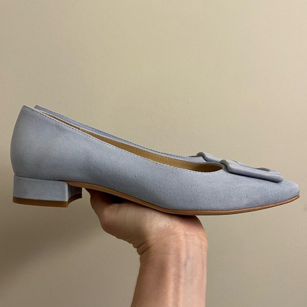 J. McLaughlin Lisbeth Blue Suede Buckle Low Block Heels Size 8 - Picture 5 of 12